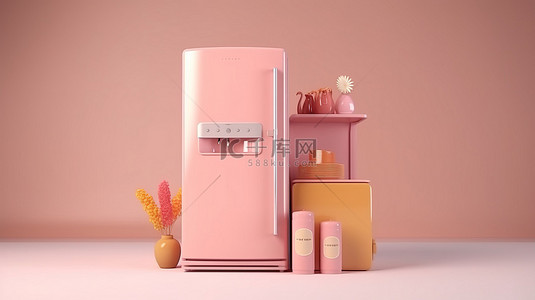 抽象冰箱采用柔和的粉红色奶油卡通风格厨房概念