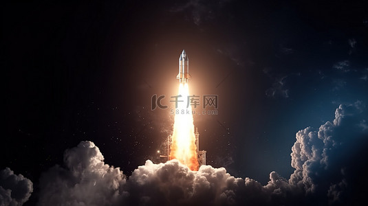 卡通星球太空背景图片_一枚火箭发射到星空深渊 3d 渲染与炽热的喷气机和黑暗的天空