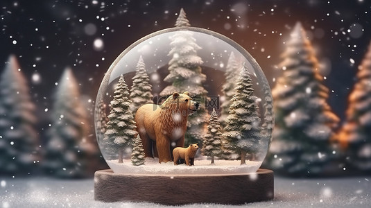 迷人的圣诞环境，配有节日礼物3D 渲染的雪球内的熊驯鹿和雪树