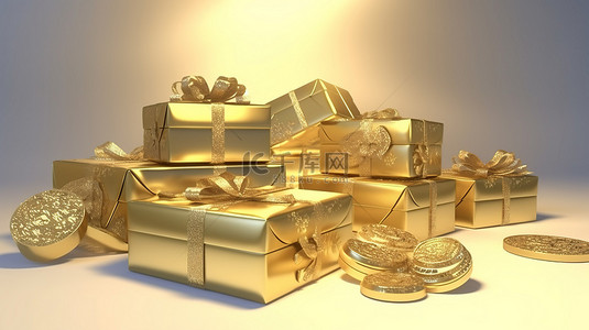 财富装备金条金币和奢华礼物礼品盒的 3D 渲染