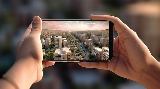 拿着手机3d背景图片_手机捕捉手中握着3D渲染的瞬间