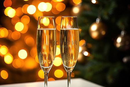 闪亮的圣诞树上放着两杯香槟