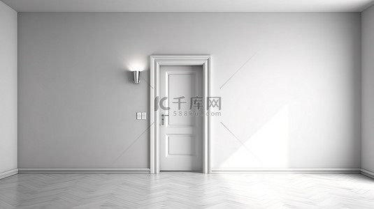 白色木门背景图片_逼真的 3D 渲染一个混凝土墙房间，配有白色木镶木地板，光线穿过开放的白色木门照亮