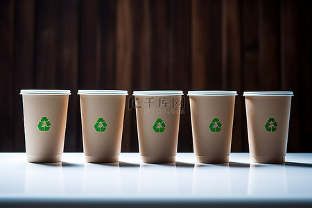 五个纸杯，上面有绿色回收标志