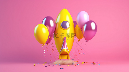 粉色玩具火箭在黄色气球中升空的 3D 插图