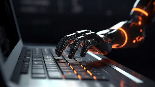 机器人手在 3D 空白屏幕的笔记本电脑键盘上高效打字