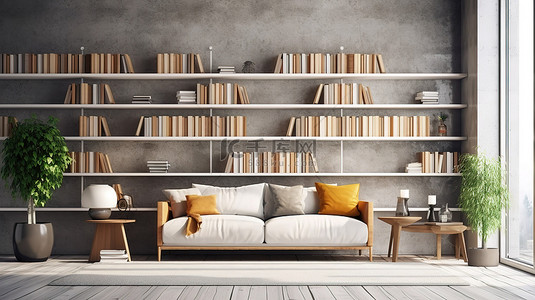 时尚的斯堪的纳维亚客厅模型，配有简约书架墙和混凝土背景 3D 渲染