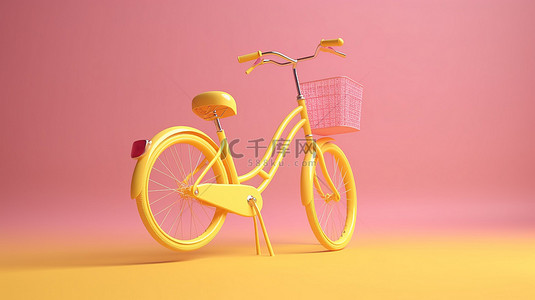 粉红色背景中 3d 渲染的老式黄色自行车对象
