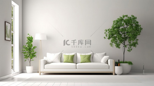 现代客厅配有白色沙发和绿色枕头，散发着明亮的光芒