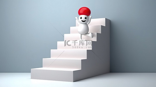 通过图表爬楼梯到达目标的卡通白色人物的 3D 渲染