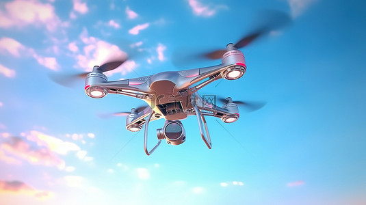 无人机在蓝天和云层中翱翔的 3D 渲染