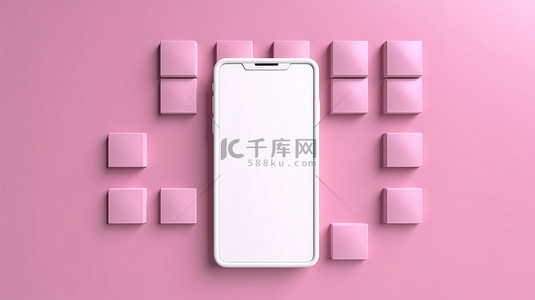 粉红色背景与白色智能手机显示屏的 3D 渲染