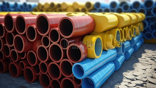引流广告背景图片_建筑工地堆叠排列的 PVC 管的 3D 渲染