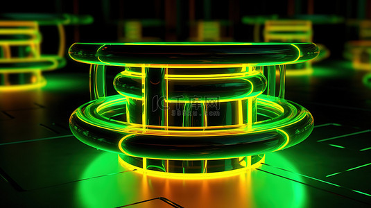 移动布局背景图片_充满活力的绿色和黄色霓虹灯桌，具有抽象形状水平布局 3D 渲染