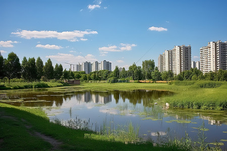 中间有一个池塘的公园，周围都是建筑物
