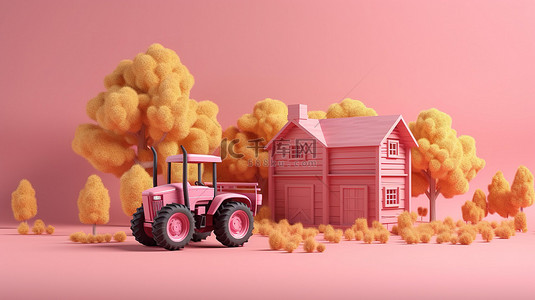 粉红色背景上的木屋树和拖拉机的 3D 模型，周围环绕着黄叶，从上方捕获