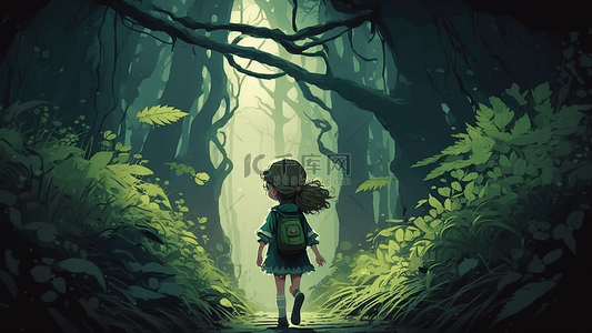 森林女孩绿色插画背景