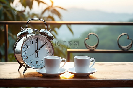 咖啡桌上的闹钟，栏杆上放着咖啡杯