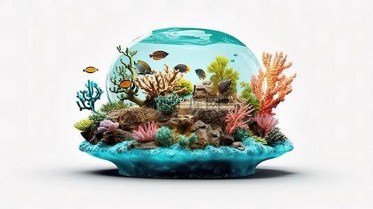 中鱼背景图片_玻璃缸中的海洋生物 色彩缤纷的鱼和浮岛的插图