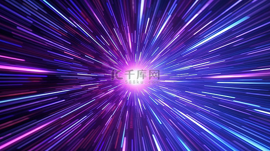 超空间运动中蓝色和紫色星迹的 3D 插图