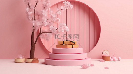 日式花卉背景图片_樱花化妆品背景与日式粉红色讲台的 3D 插图