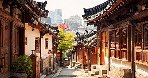 左边背景图片_首尔的一条老街道，左边有建筑物