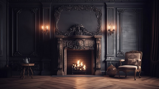 卧室壁炉背景图片_复古夜间房间配有经典壁炉，令人惊叹的 3D 渲染