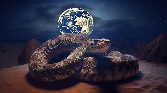 手绘动物蛇背景图片_巨蛇对满月的 3D 可视化
