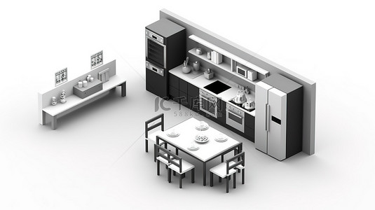 图标装饰背景图片_等距厨房的单色 3D 图标，配有冰箱和餐桌