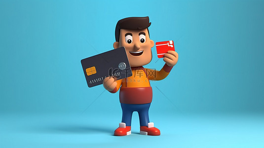 人物購物背景图片_3D 渲染卡通人物手持信用卡在线购物的插图