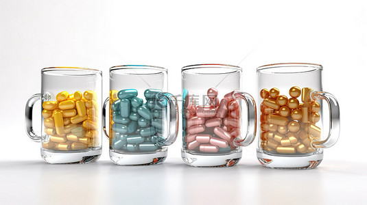 白色背景上的玻璃杯中捕获的治疗药丸象征着医疗保健和药物抗菌剂和补救措施，在 3D 渲染中可视化