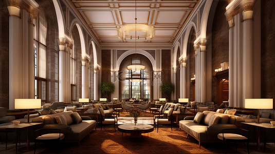 休息区温馨提示背景图片_五星级豪华酒店的优雅休息区精美的室内设计，令人惊叹的 3D 渲染