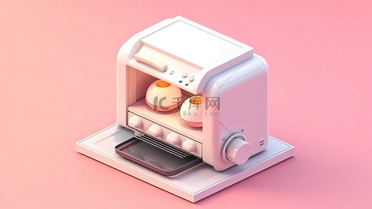 白色和粉色等距家居用品，包括 3d 烤箱