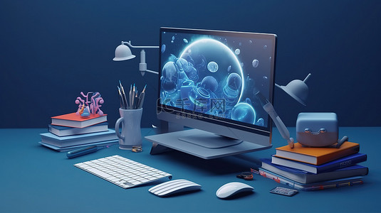 电脑桌桌面背景图片_用于在线学习的海军蓝色电脑桌面 3D 渲染