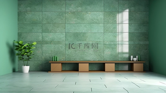 简约绿色生活背景图片_简约的禅宗风格橱柜设计，配有绿色墙壁和花岗岩瓷砖地板 3D 渲染