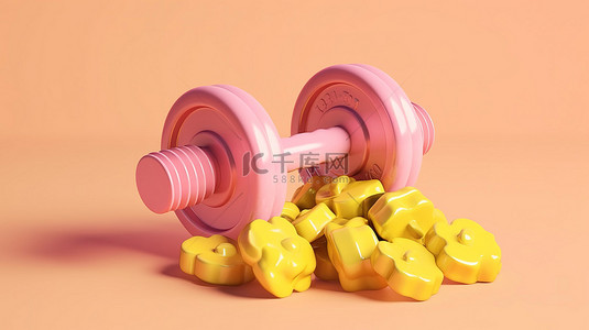 健身和运动器材 3D 插图粉色金属哑铃，黄色背景圆盘