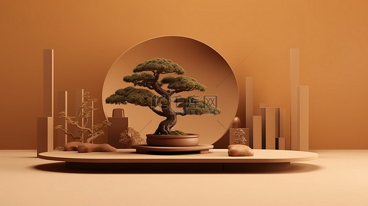 树抽象背景图片_棕色背景中的抽象日本讲台和盆景树 3D 渲染插图