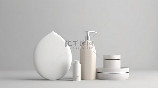 模板标签背景图片_白色背景上护发化妆品洗发水面膜和奶油模型的 3D 渲染