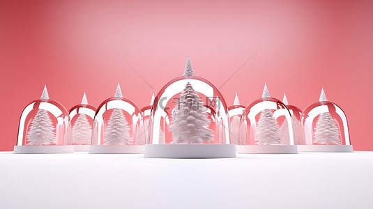 1 新年背景下红色和白色玻璃圆顶下的当代圣诞树和礼物的 3D 插图