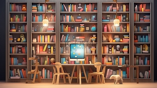 虚拟书店在智能手机上在线购物的 3D 插图