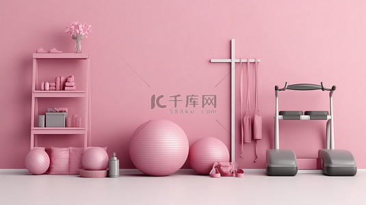 简约时尚粉色背景图片_时尚粉色 3D 渲染简约家庭健身器材