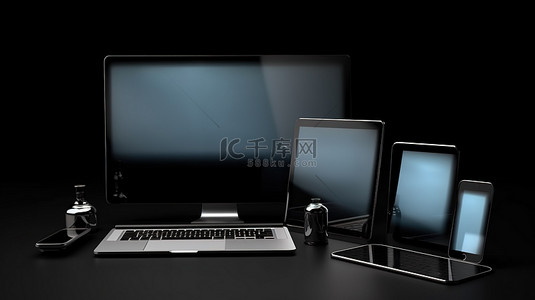 独立黑色背景 3D 渲染中的一组笔记本电脑平板电脑和手机模型