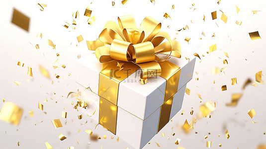 礼物丝带礼物背景图片_白色工作室背景上带有金色丝带蝴蝶结的充满活力的礼品盒的逼真 3D 渲染