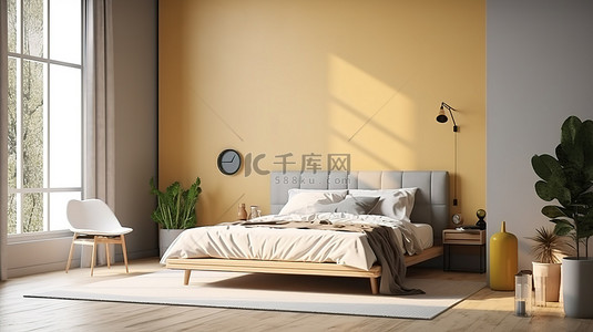 现代室内设计与简约家具 d cor 斯堪的纳维亚卧室风格 3d 渲染