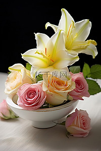 花玫瑰背景图片_盘子里的百合花和粉色和黄色的玫瑰