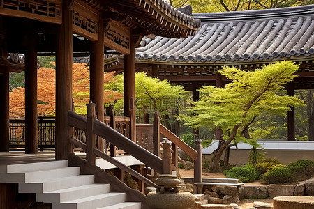 休息区温馨提示背景图片_带木楼梯和亚洲房屋的木制休息区
