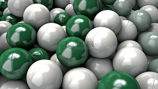 灰色绿色背景图片_特写 3D 渲染的抽象插图，具有一组白色绿色和灰色的球