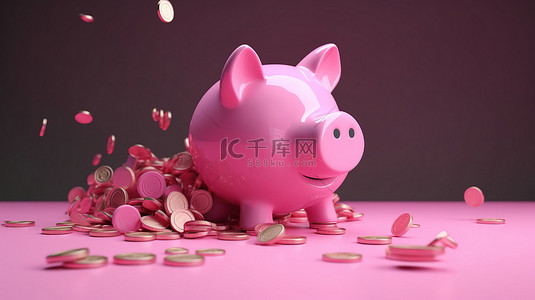 将硬币存入粉红色存钱罐以进行储蓄和投资的概念 3D 渲染