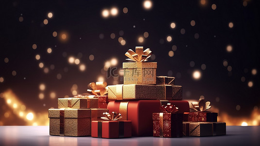新年星星背景图片_圣诞节横幅模板闪亮的星星和一堆礼物在 3D 渲染