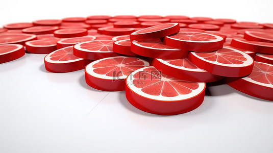 白色背景的 3D 图标，单色平面纯红色和切片柠檬片